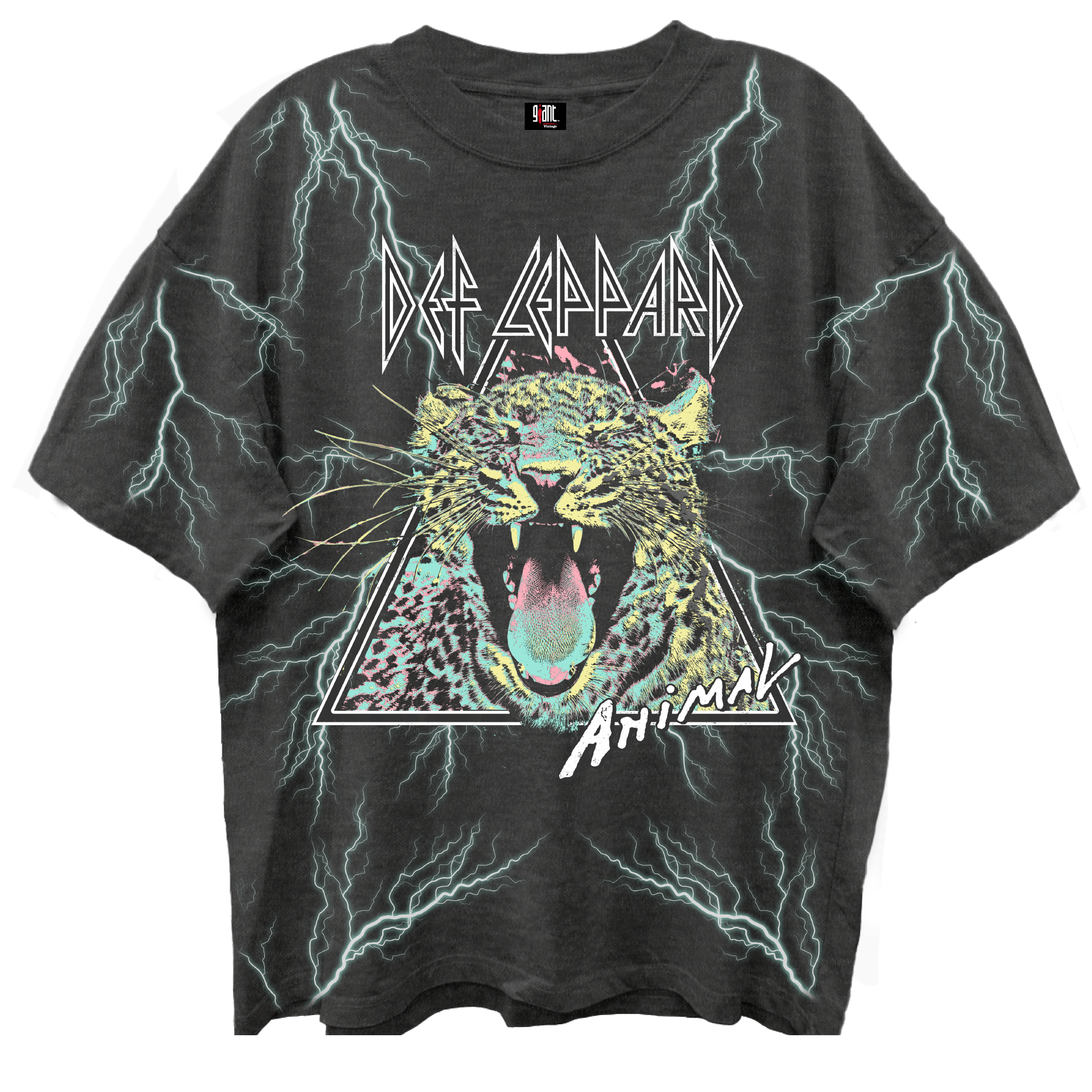 DEF LEPPARD ANIMAL ALL OVER PRINT VINTAGE BLACK ENZYME WASH GIANT VINTAGE T-SHIRT