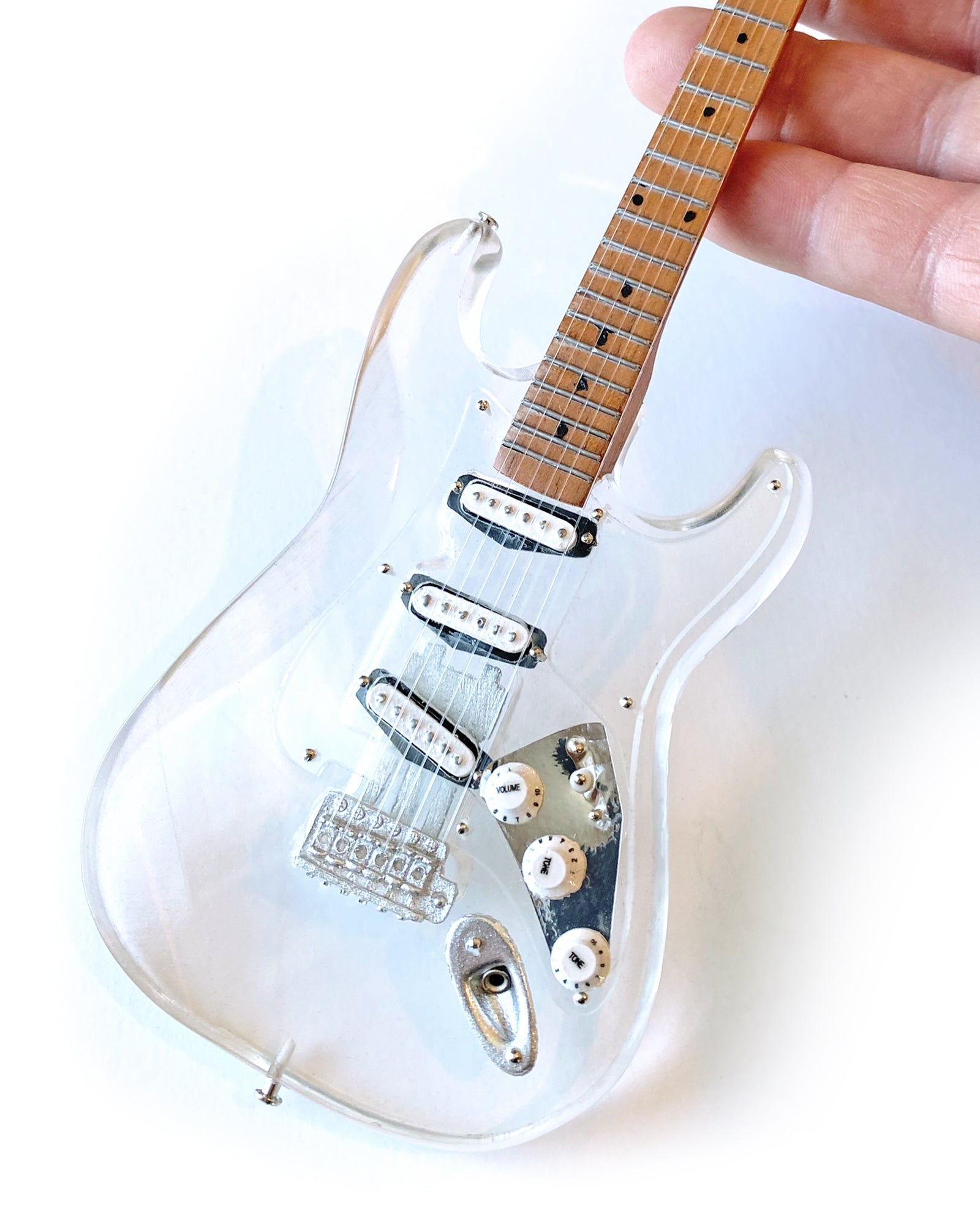 LICENSED FENDER™ STRAT™ SIGNATURE CLEAR ACRYLIC MINI GUITAR