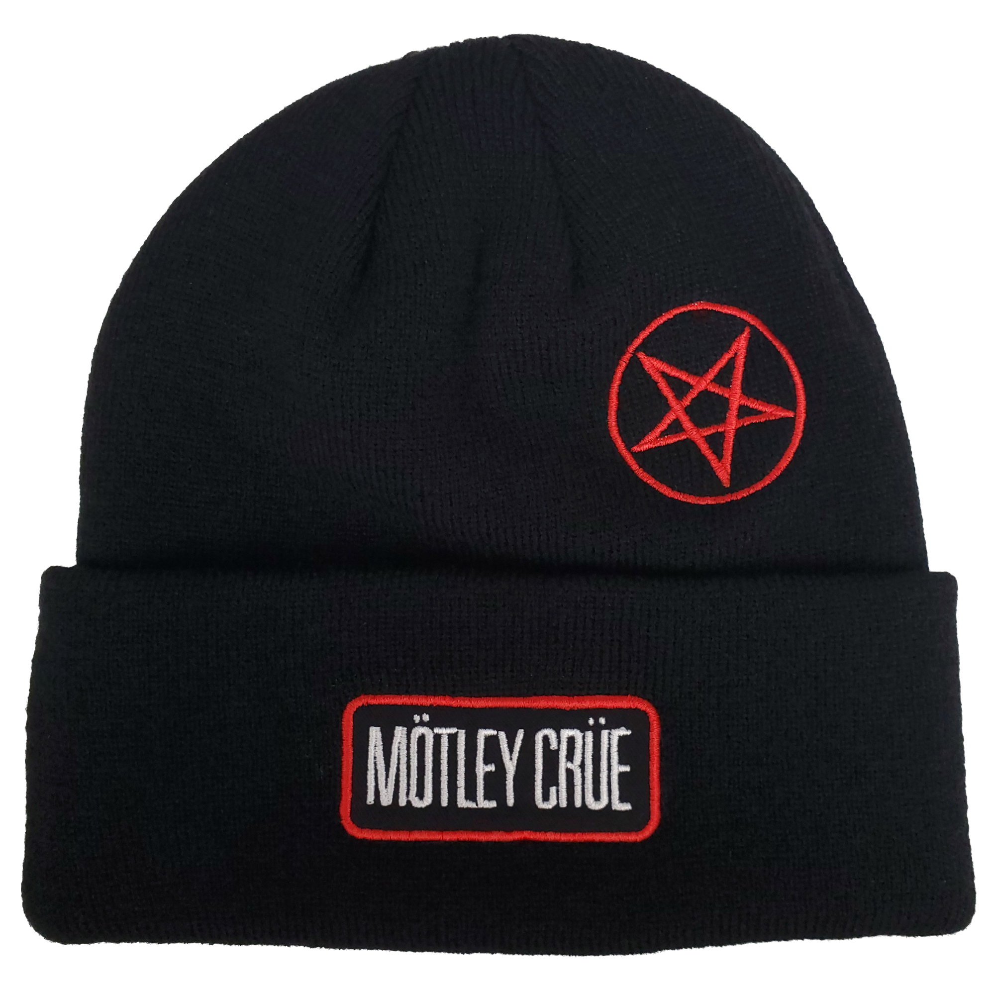 MOTLEY CRUE CUT TWILL PACTH EMROIDERED LOGOS 1X1 RIBBED BLACK ACRYLIC KNIT HAT