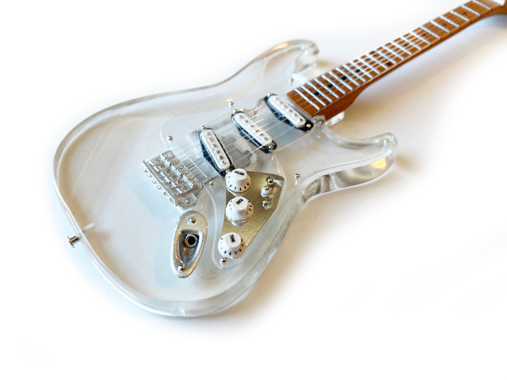 LICENSED FENDER™ STRAT™ SIGNATURE CLEAR ACRYLIC MINI GUITAR