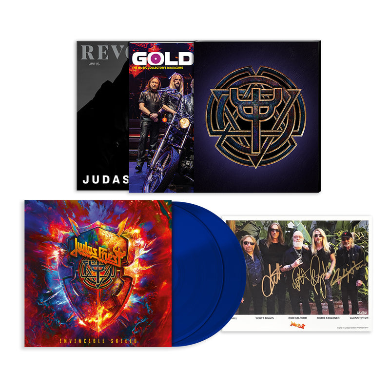 JUDAS PRIEST X GOLDMINE BUNDLE - GOLDMINE SPRING 2024 ISSUE & REVOLVER SPRING 2024 ISSUE W/ BAND SIGNED 8X10" IN NUMBERED SLIPCASE + JUDAS PRIEST 'INVINCIBLE SHIELD' 2LP (Limited Edition – Only 1000 Made, Blue Vinyl)