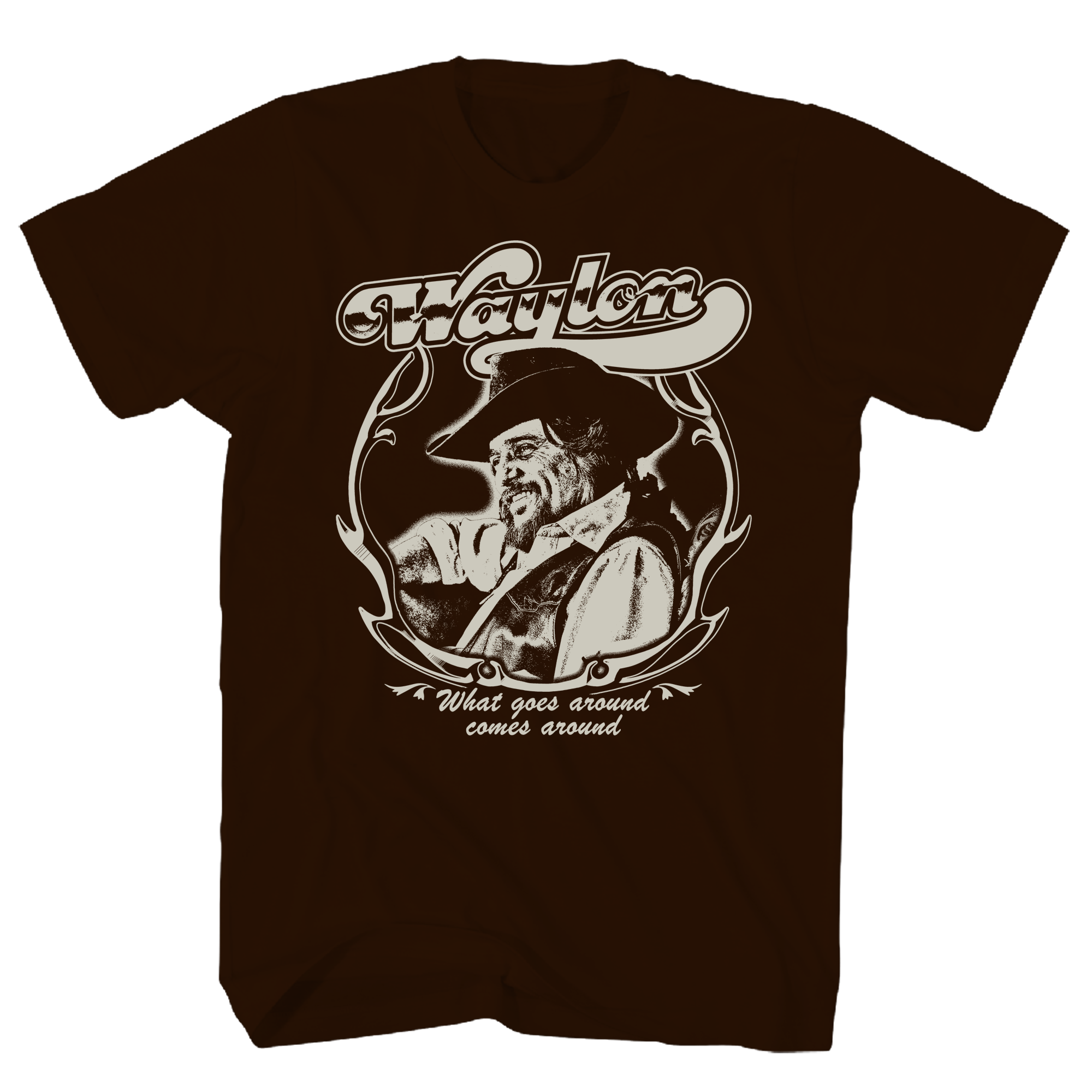 WAYLON JENNINGS WHAT GOES AROUND CHOCOLATE T-SHIRT