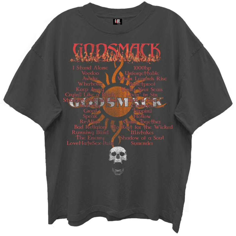 GODSMACK, GREATEST HITS PLAY LIST VINTAGE BLACK ENZYME WASH GIANT VINTAGE T-SHIRT