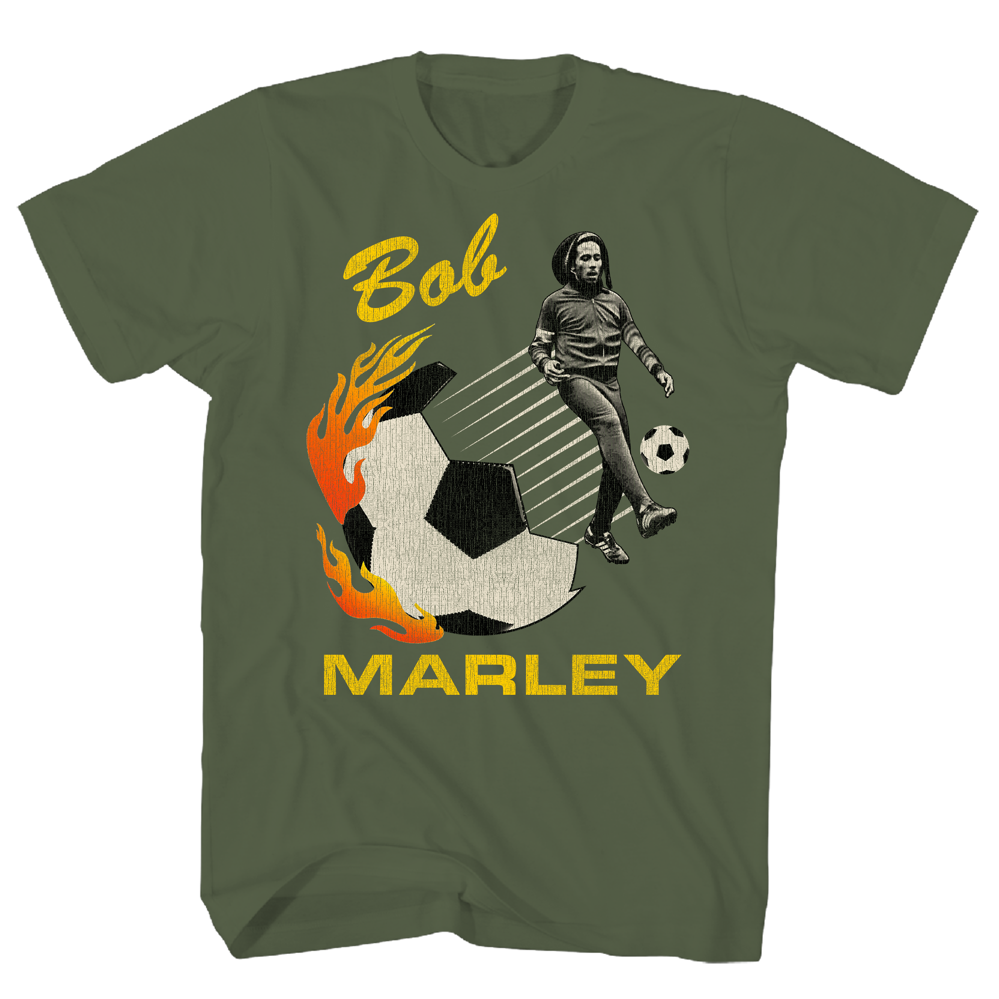 BOB MARLEY PHOTO SOCCER GREEN MILITARY T-SHIRT