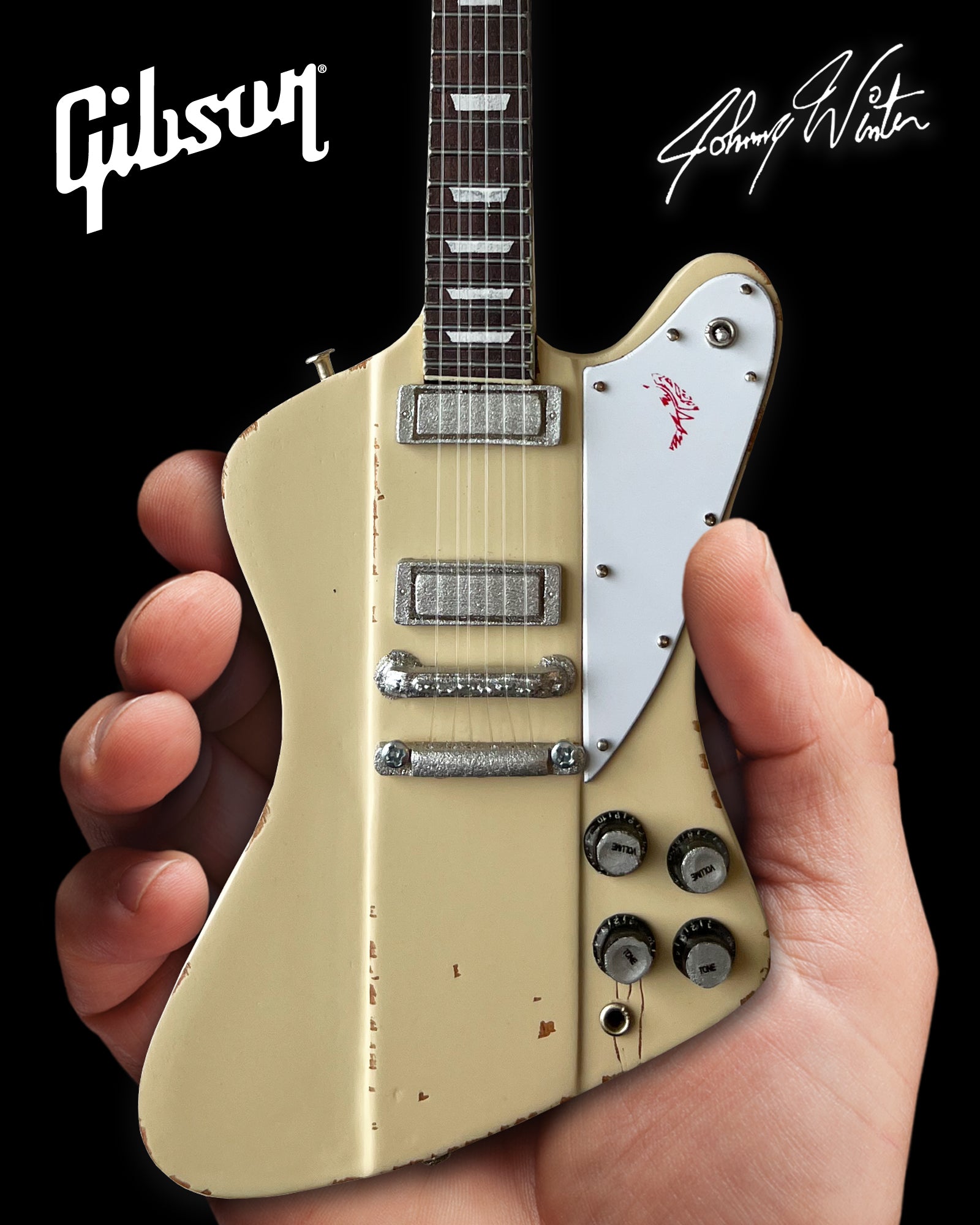 JOHNNY WINTER 1964 GIBSON FIREBIRD V POLARIS WHITE 1.4 SCALE MINI GUITAR - VINTAGE & DISTRESSED