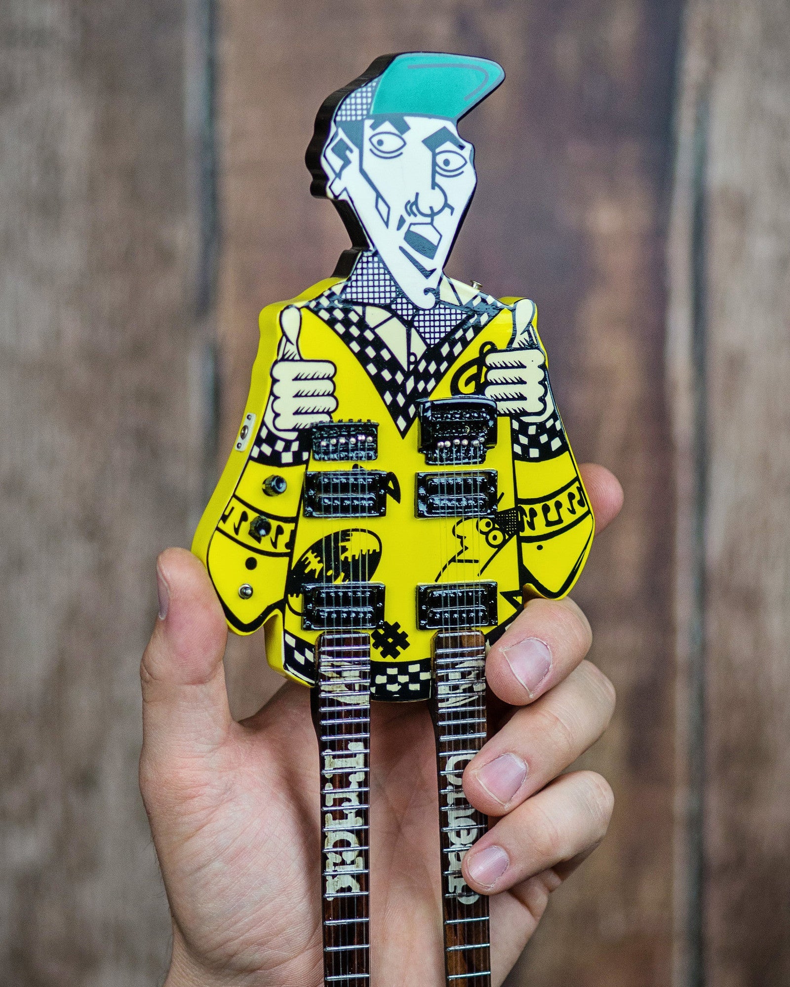RICK NIELSEN™ UNCLE DICK DOUBLENECK MINI GUITAR REPLICA COLLECTIBLE - OFFICIALLY LICENSED