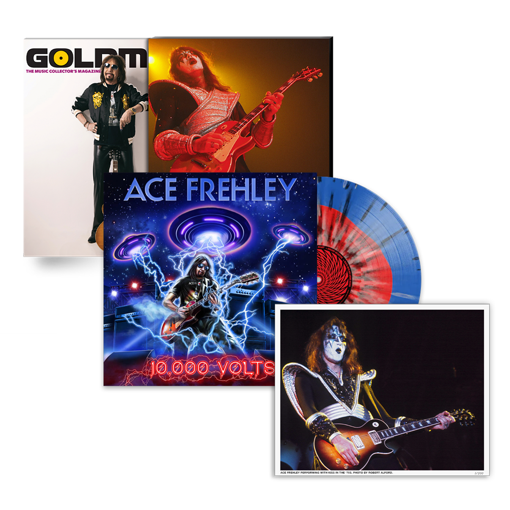 ACE FREHLEY X GOLDMINE BUNDLE - GOLDMINE SPRING 2024 ISSUE W/ NUMBERED 8X10" IN NUMBERED SLIPCASE & '10,000 VOLTS' LP (Transparent Red & Blue w/ Silver & Black Splatter Vinyl)