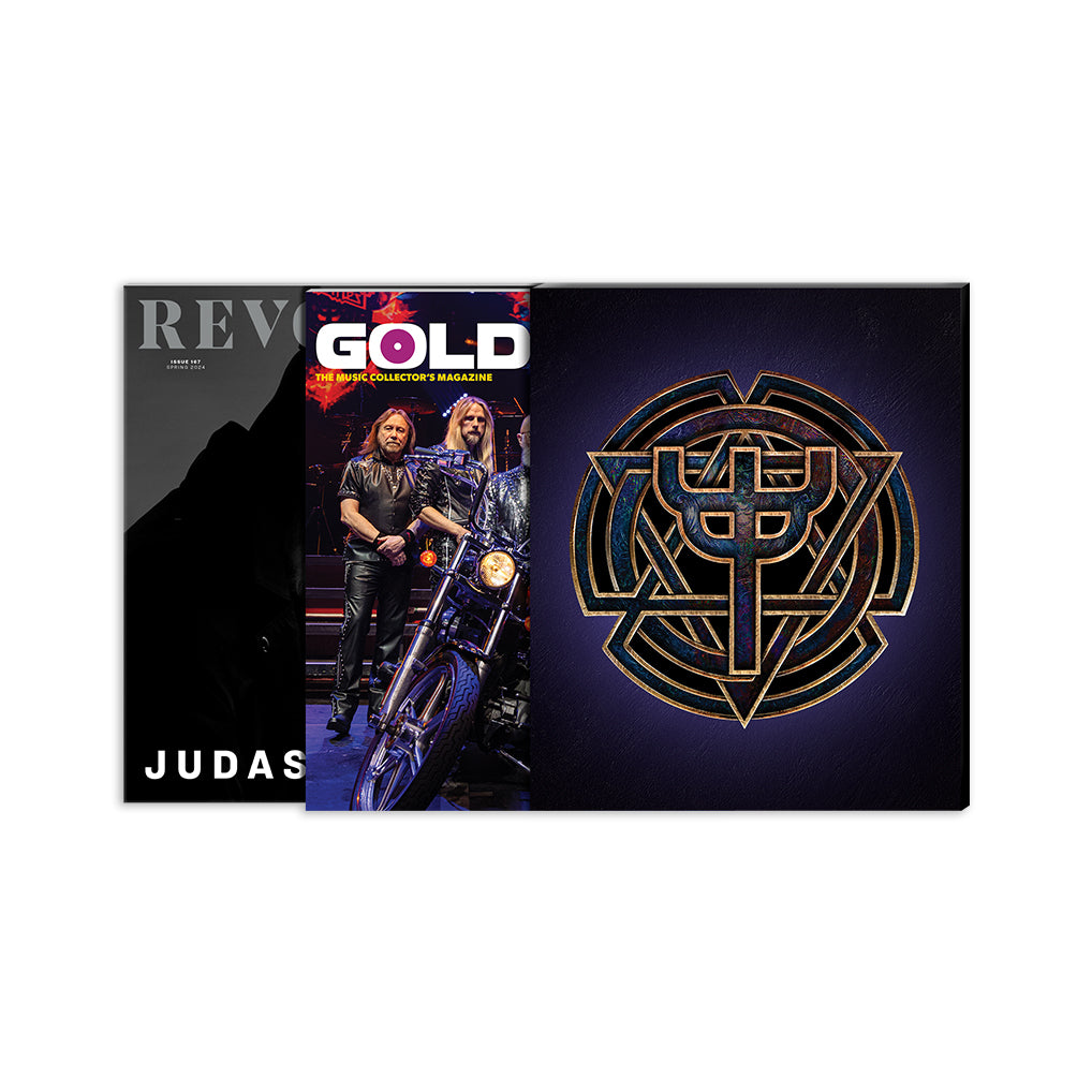 JUDAS PRIEST X GOLDMINE BUNDLE - GOLDMINE SPRING 2024 ISSUE & REVOLVER SPRING 2024 ISSUE W/ BAND SIGNED 8X10" IN NUMBERED SLIPCASE + JUDAS PRIEST 'INVINCIBLE SHIELD' 2LP (Limited Edition – Only 1000 Made, Blue Vinyl)