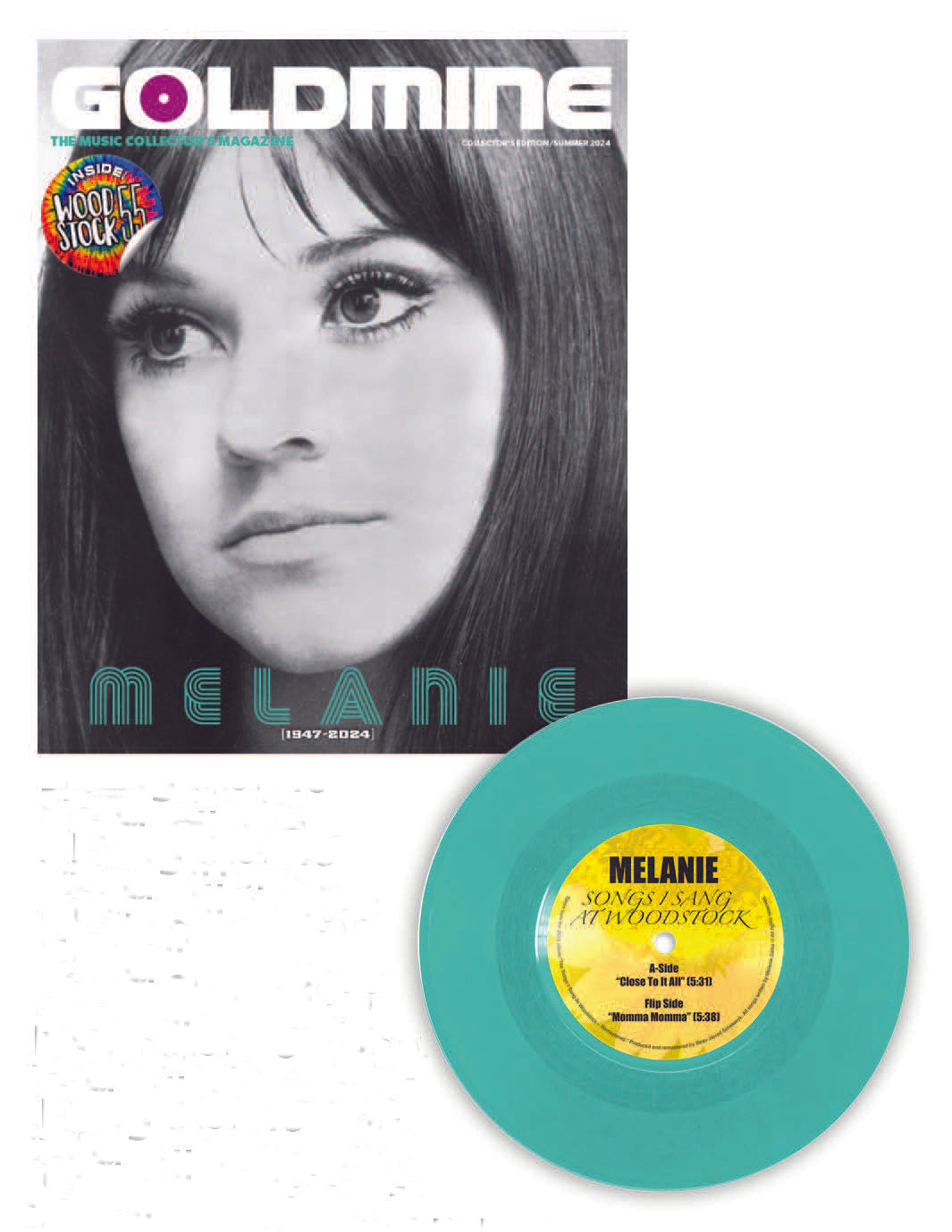 MELANIE X GOLDMINE BUNDLE - GOLDMINE SUMMER 2024 ISSUE W/ 'SONGS I SANG AT WOODSTOCK' 7” (Limited Edition – Only 100 Made, Exclusive Turquoise Vinyl)