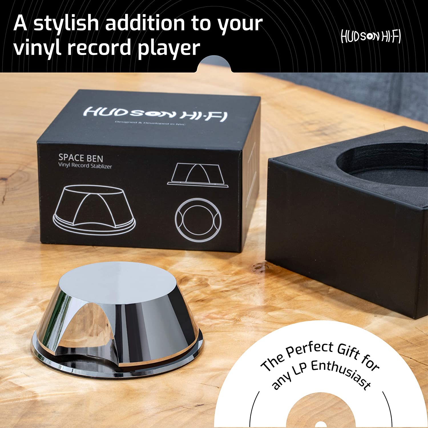 HUDSON HI-FI: SPACEBEN CHROME RECORD WEIGHT STABILIZER WITH PROTECTIVE LEATHER PAD