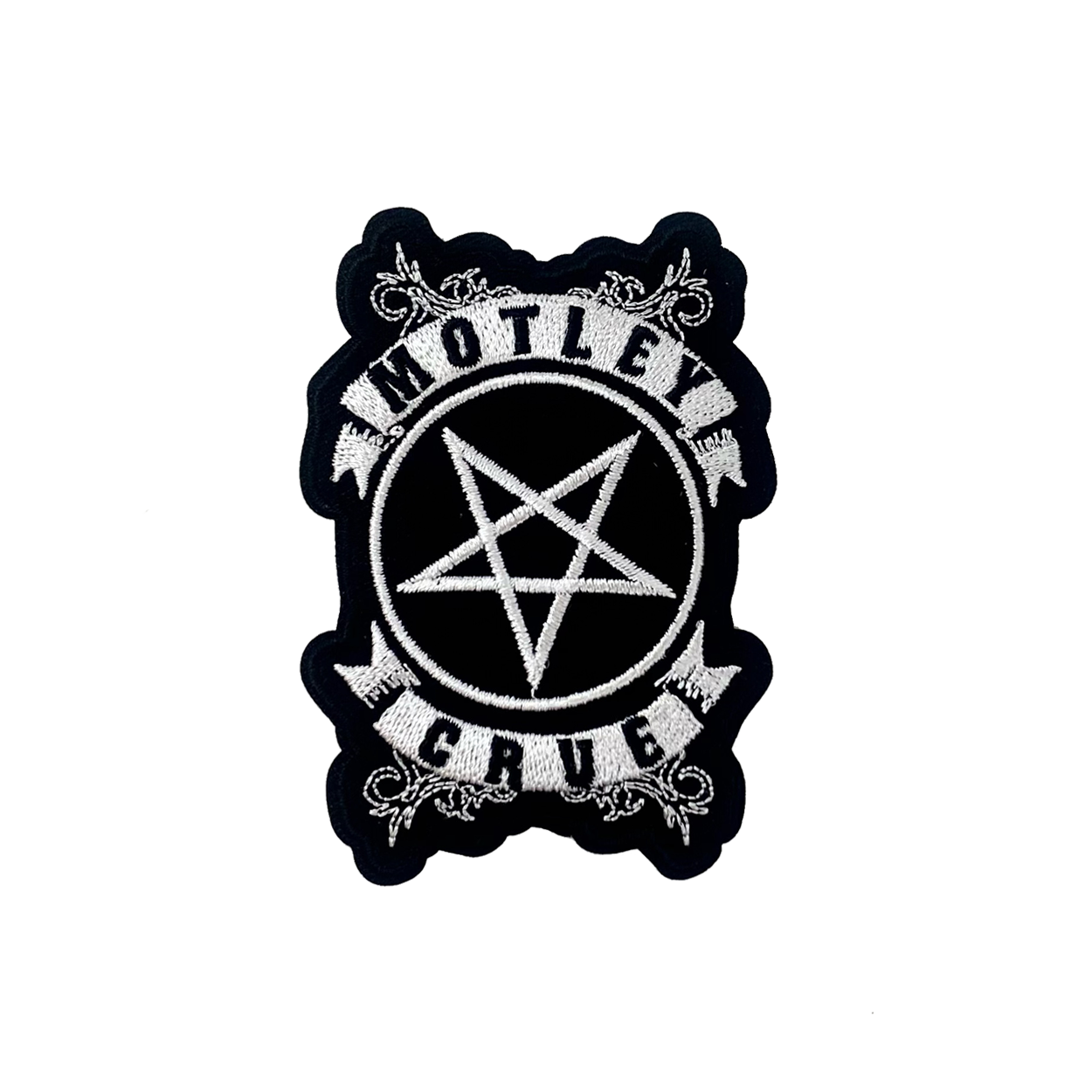 MOTLEY CRUE RIBBION PENTAGRAM EMBROIDERED PATCH