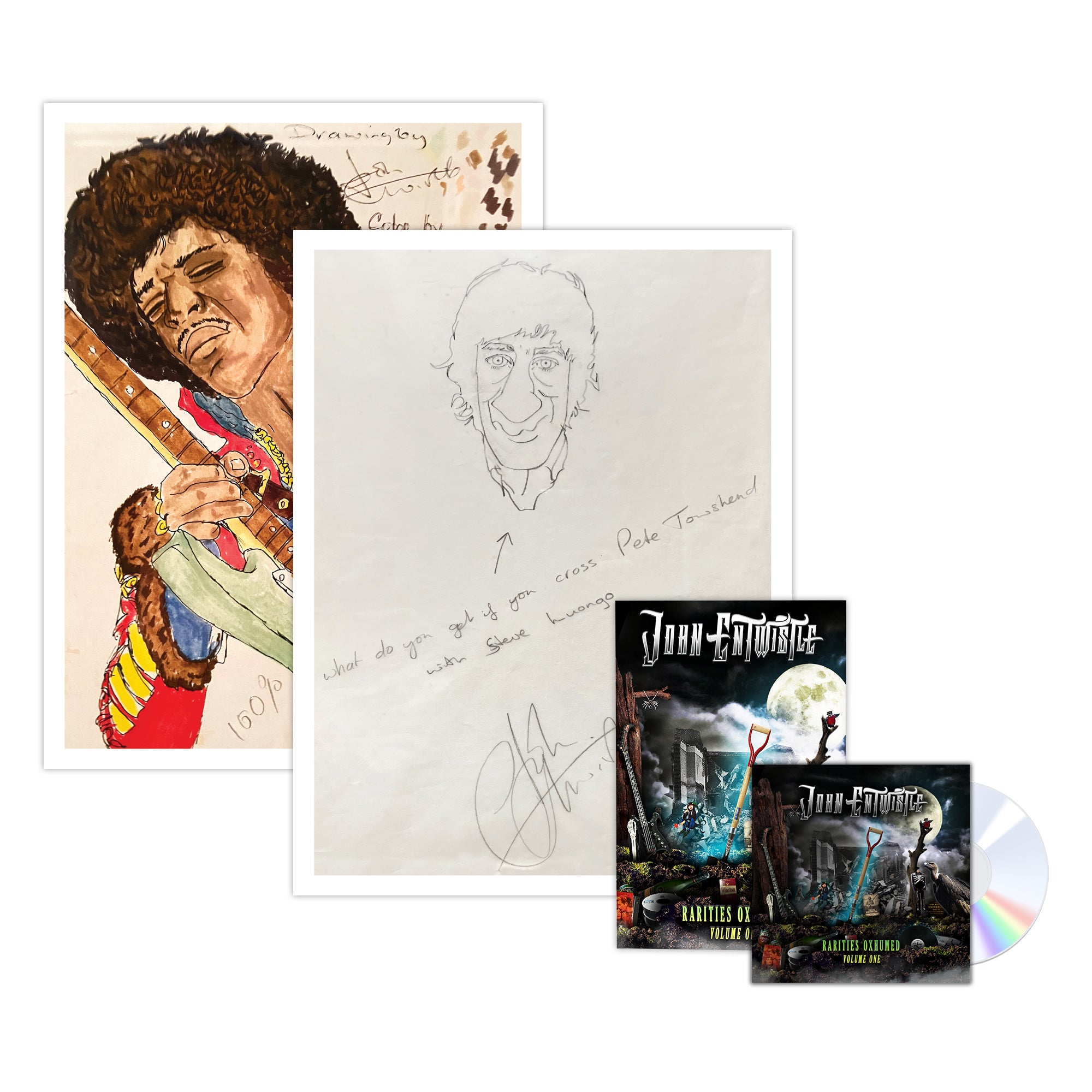 JOHN ENTWISTLE 'RARITIES OXHUMED: VOLUME ONE' CD & 12-PAGE BOOKLET + 2 EXCLUSIVE HAND-NUMBERED ART PRINTS BY JOHN ENTWISTLE