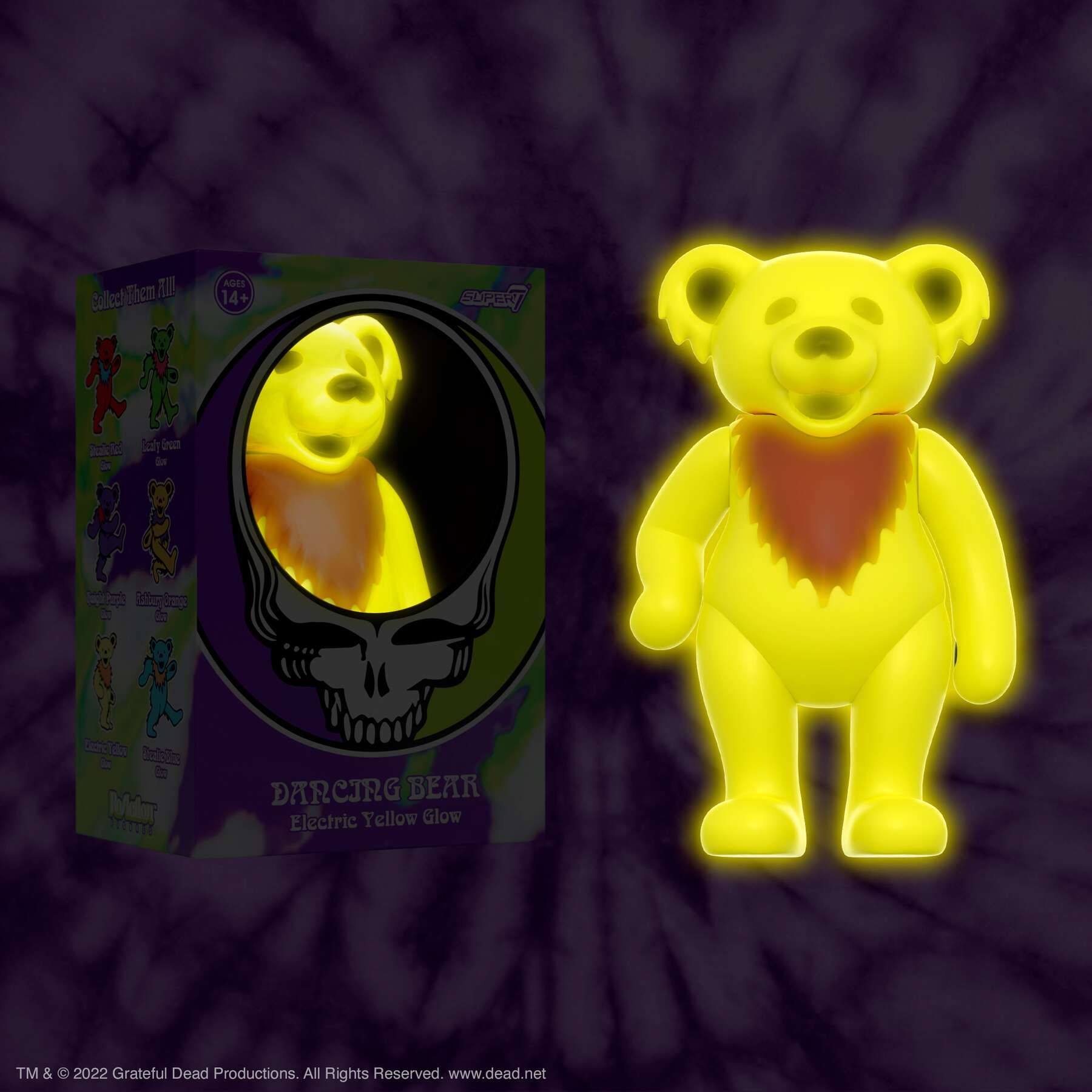 SUPER7 REACTION GRATEFUL DEAD W3 DANCING BEARS ELECTRIC YELLOW (GLOW IN THE DARK)